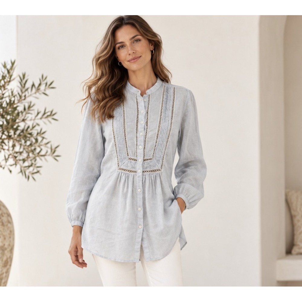 0039 Italy Tunic Top 100% Linen Light Blue Pintuck Lace Blouse XS